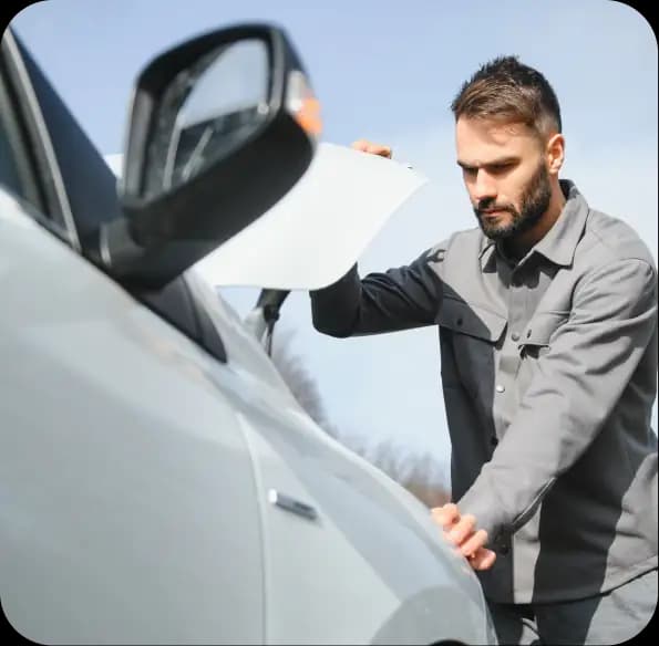 Man inspecting a car with a document