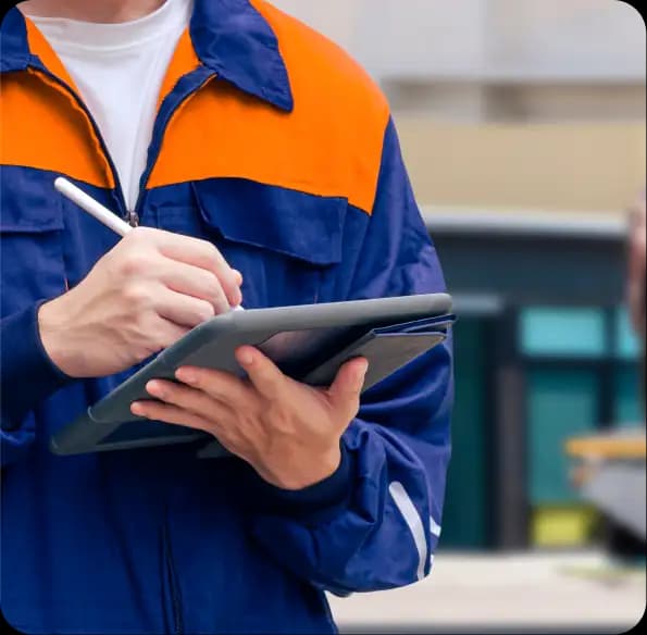 Worker using a tablet beside a tow truck