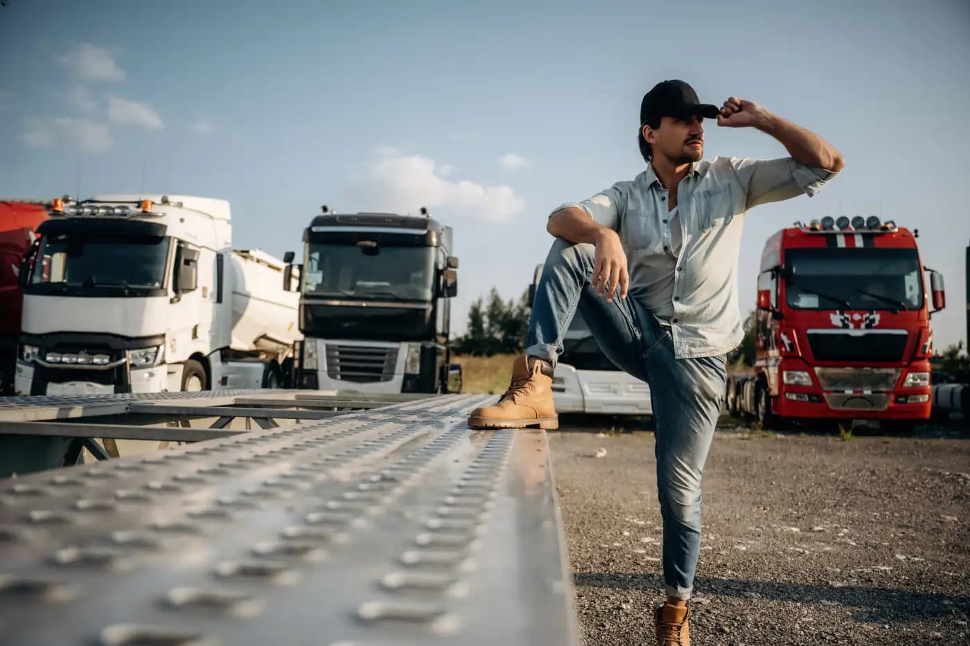 Driver standing beside an empty transport bed