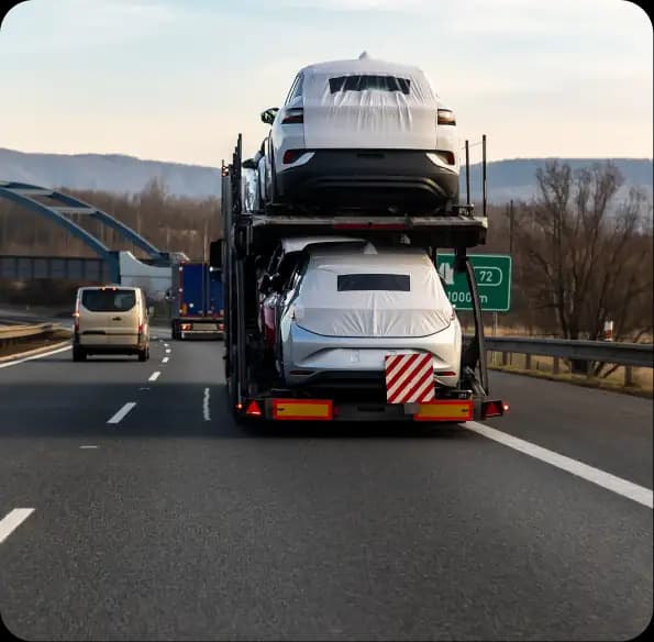 Open car carrier transporting SUVs on a highway